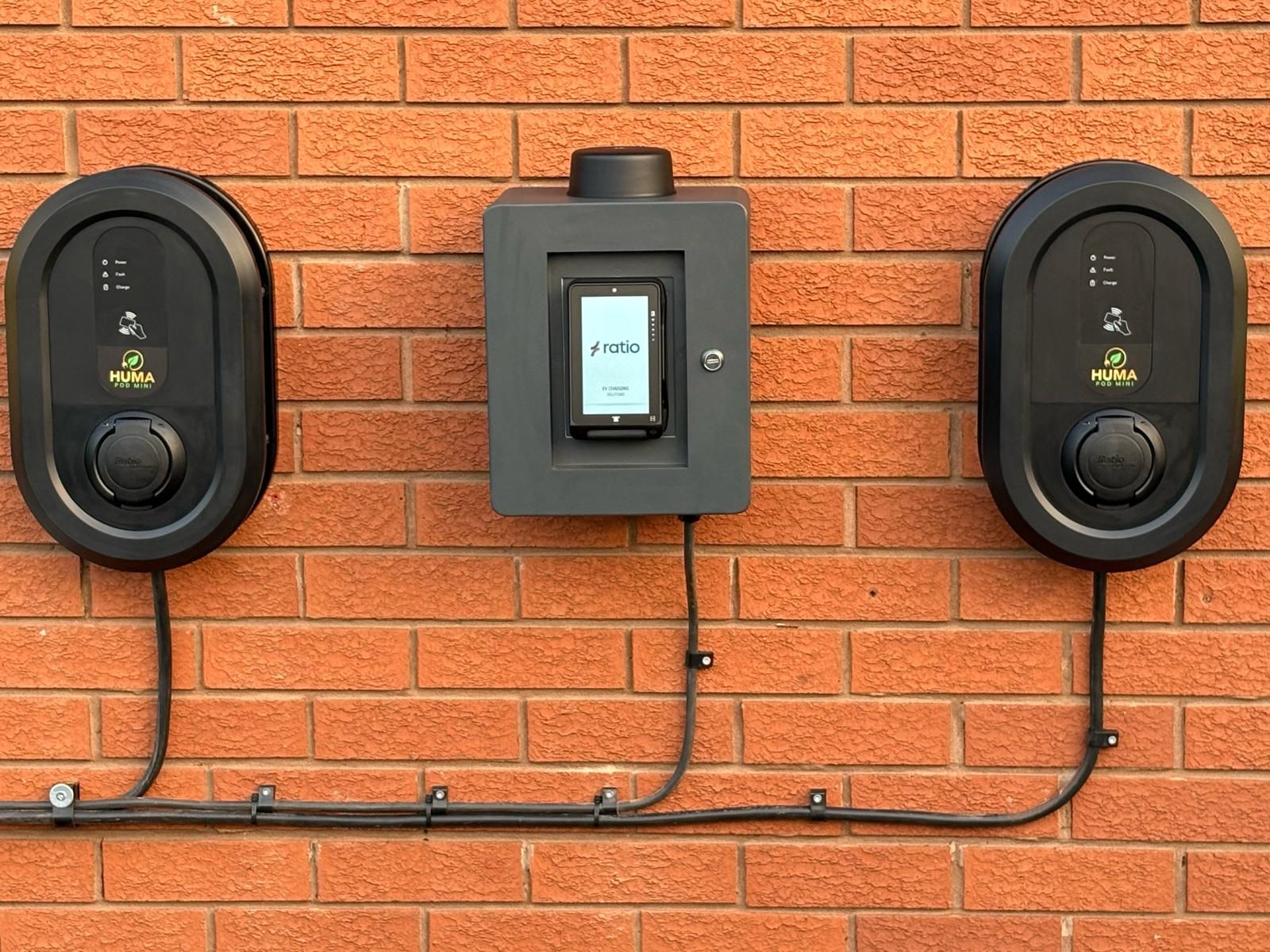 A completed retrofit: two Ratio EV AC chargers monetised via EVCloudPay, mounted on the Charge-M8 Sigma Wallbox