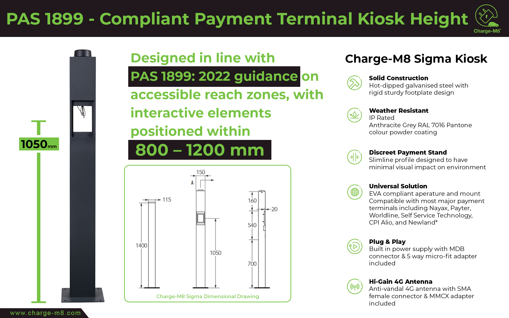 Charge-M8 Sigma PAS 1899-compliant payment terminal kiosk