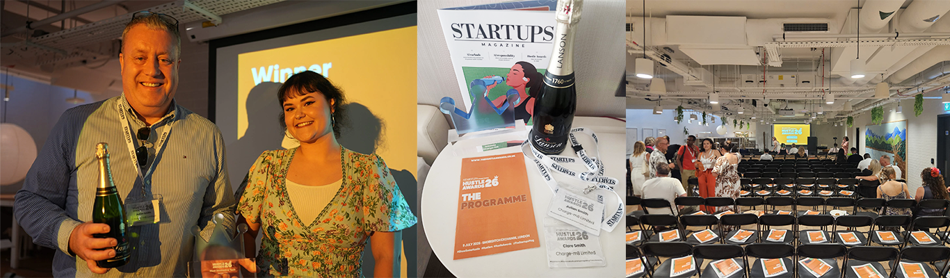 Charge-M8 team celebrating the Most Innovative Tech Award at the Hustle Awards 2026