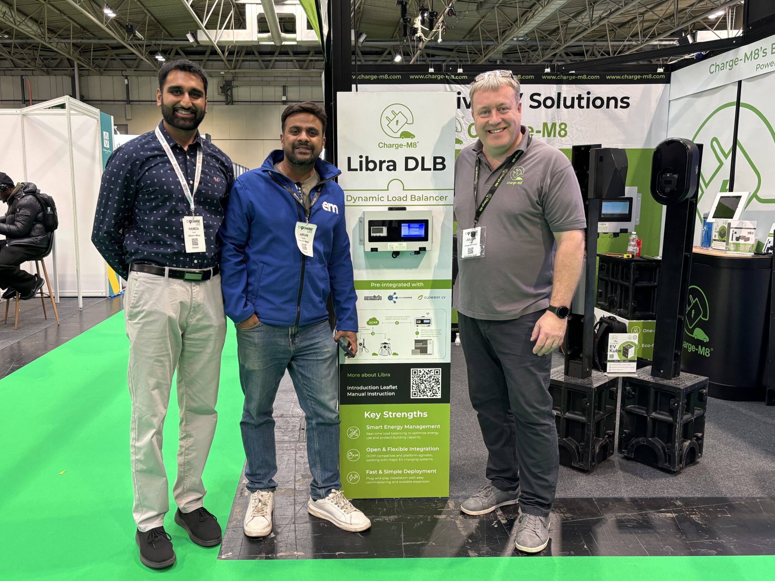 Julian Smith of Charge-M8 with Hamza Faraz and Arun Anand of Electric Miles at EV Charge Live 2026
